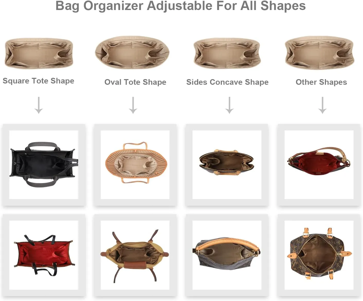 Purse Organizer Insert For Handbags, Silk Purse Organizer with Zipper, Silky Smooth, Bag Organizer For Speedy Neverfull Tote,onthego,Artsy, 6 Sizes (Medium, Silky Beige)