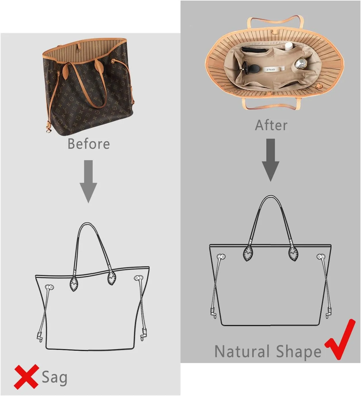 Purse Organizer Insert For Handbags, Silk Purse Organizer with Zipper, Silky Smooth, Bag Organizer For Speedy Neverfull Tote,onthego,Artsy, 6 Sizes (Medium, Silky Beige)