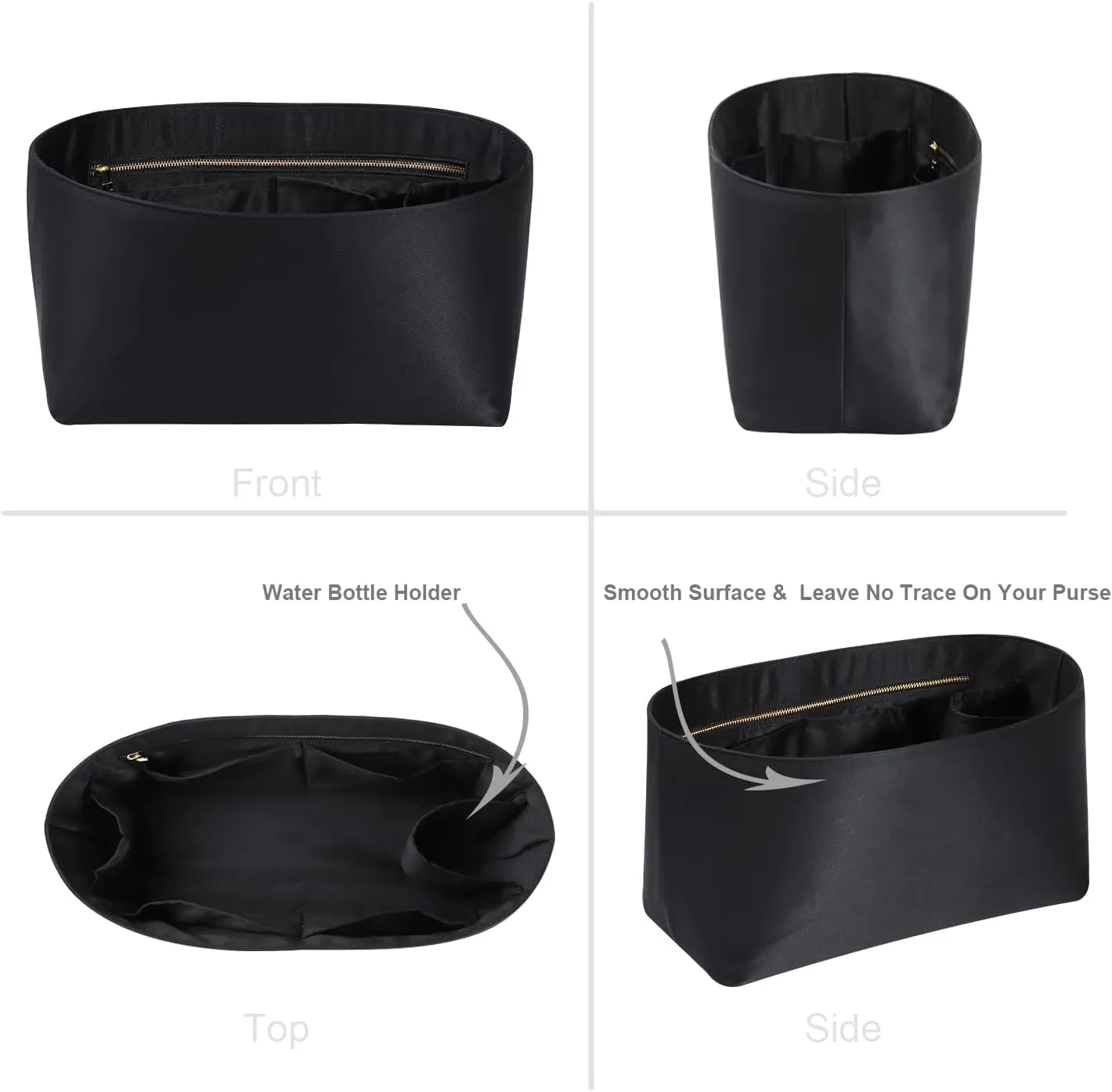 Purse Organizer Insert For Handbags, Silk Purse Organizer with Zipper, Silky Smooth, Bag Organizer For Speedy Neverfull Tote,onthego,Artsy, 6 Sizes(Large, Silky Black)