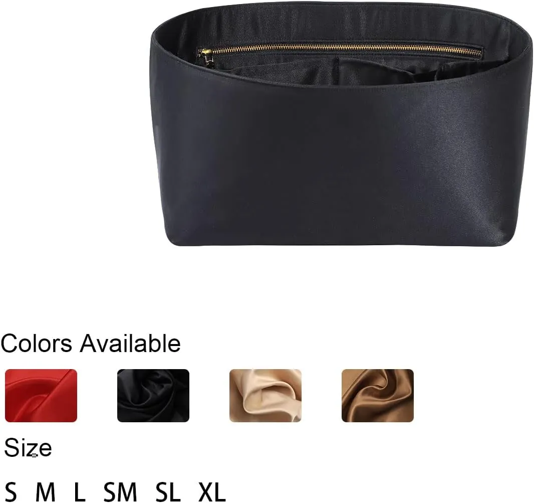 Purse Organizer Insert For Handbags, Silk Purse Organizer with Zipper, Silky Smooth, Bag Organizer For Speedy Neverfull Tote,onthego,Artsy, 6 Sizes(Large, Silky Black)