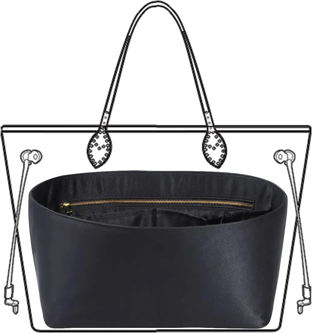 Purse Organizer Insert For Handbags, Silk Purse Organizer with Zipper, Silky Smooth, Bag Organizer For Speedy Neverfull Tote,onthego,Artsy, 6 Sizes(Large, Silky Black)
