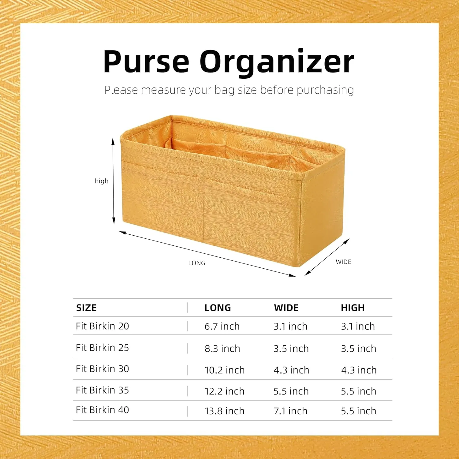 Purse Organizer Insert for Hermes Birkin, Silky Smooth Bag in Bag, Birkin 30 Tote Shaper (BK30, Amber Yellow)