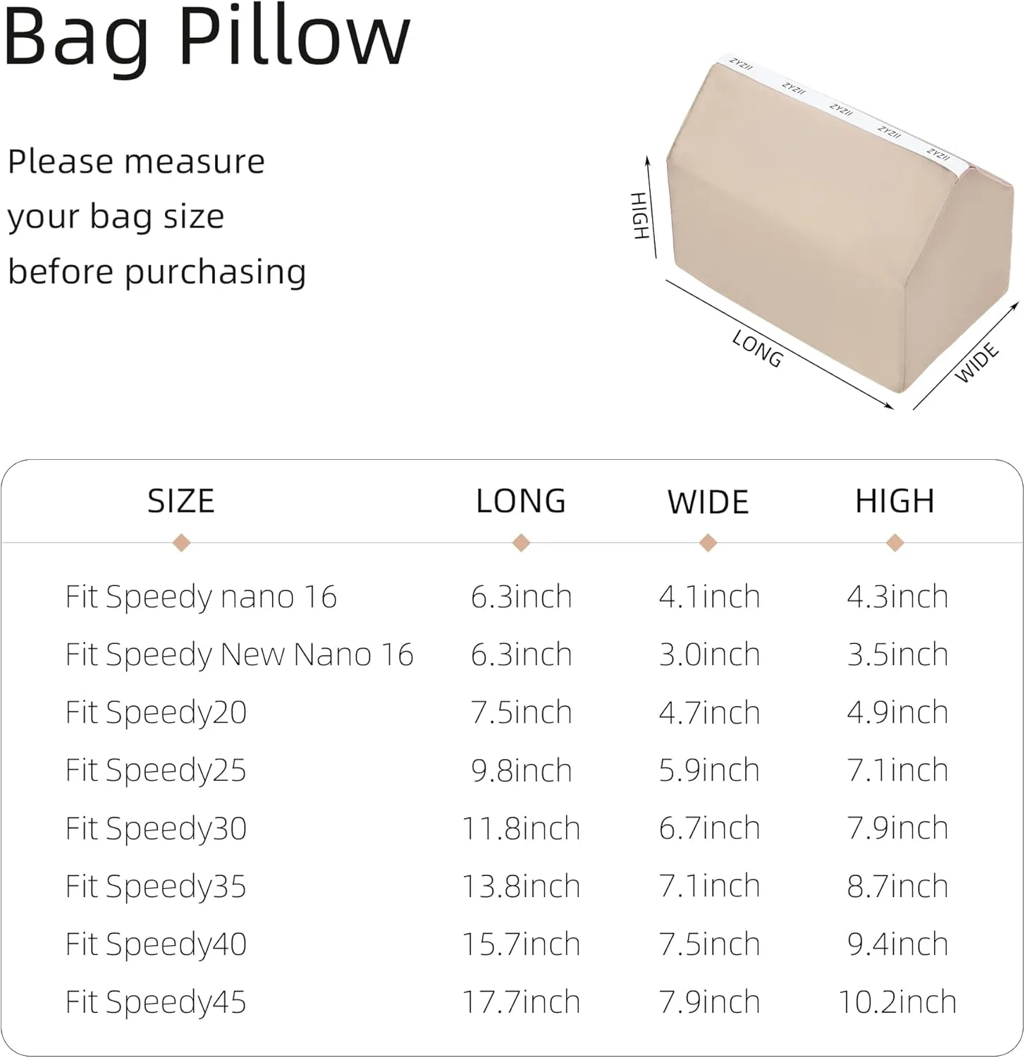 Purse Pillow for LV Speedy Nano16/20/25/30/35/45,Memory Foam Shaper Insert,Silky Bag Pillow for Luxury Handbag Tote(Speedy20,Champagne)