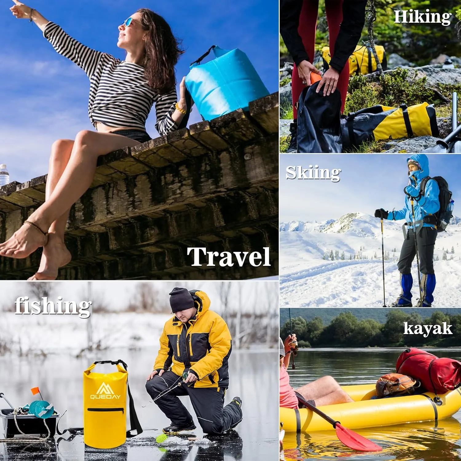 Queday Waterproof Dry Bag with Front Zippered Pocket for Women Men, 20L Roll Top Lightweight Dry Storage Bag Backpack for Travel, Kayaking, Boating, Rafting, Camping, Hiking & Beach Yellow
