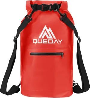Queday Waterproof Dry Bag with Front Zippered Pocket for Women Men, 30L Roll Top Lightweight Dry Storage Bag Backpack for Travel, Kayaking, Boating, Rafting, Camping, Hiking & Beach Red
