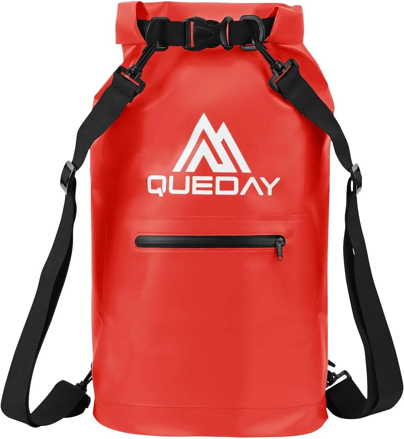Queday Waterproof Dry Bag with Front Zippered Pocket for Women Men, 30L Roll Top Lightweight Dry Storage Bag Backpack for Travel, Kayaking, Boating, Rafting, Camping, Hiking & Beach Red