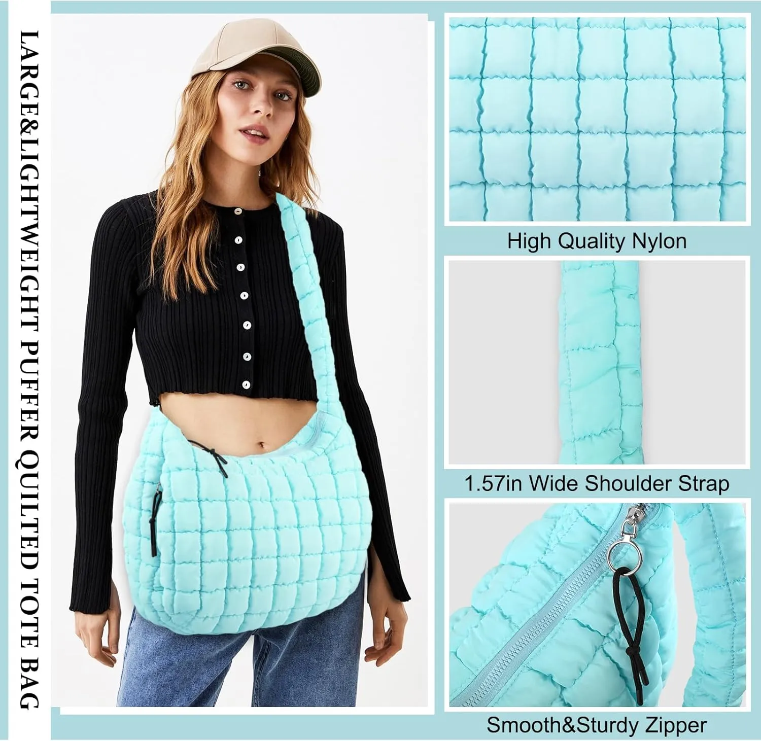 Quilted Puffer Tote Bag Purse Puffy Crossbody Shoulder Bag,Lightweight Nylon Hobo Bag Puffer Carryall Bag for Women Girl