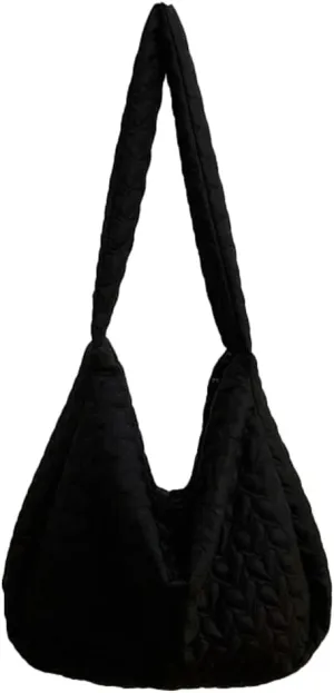 Quilted Shoulder Bag for Women Nylon Crossbody Hobo Purse Heart Embroidery Handbag Large Totes Top Handle Bag