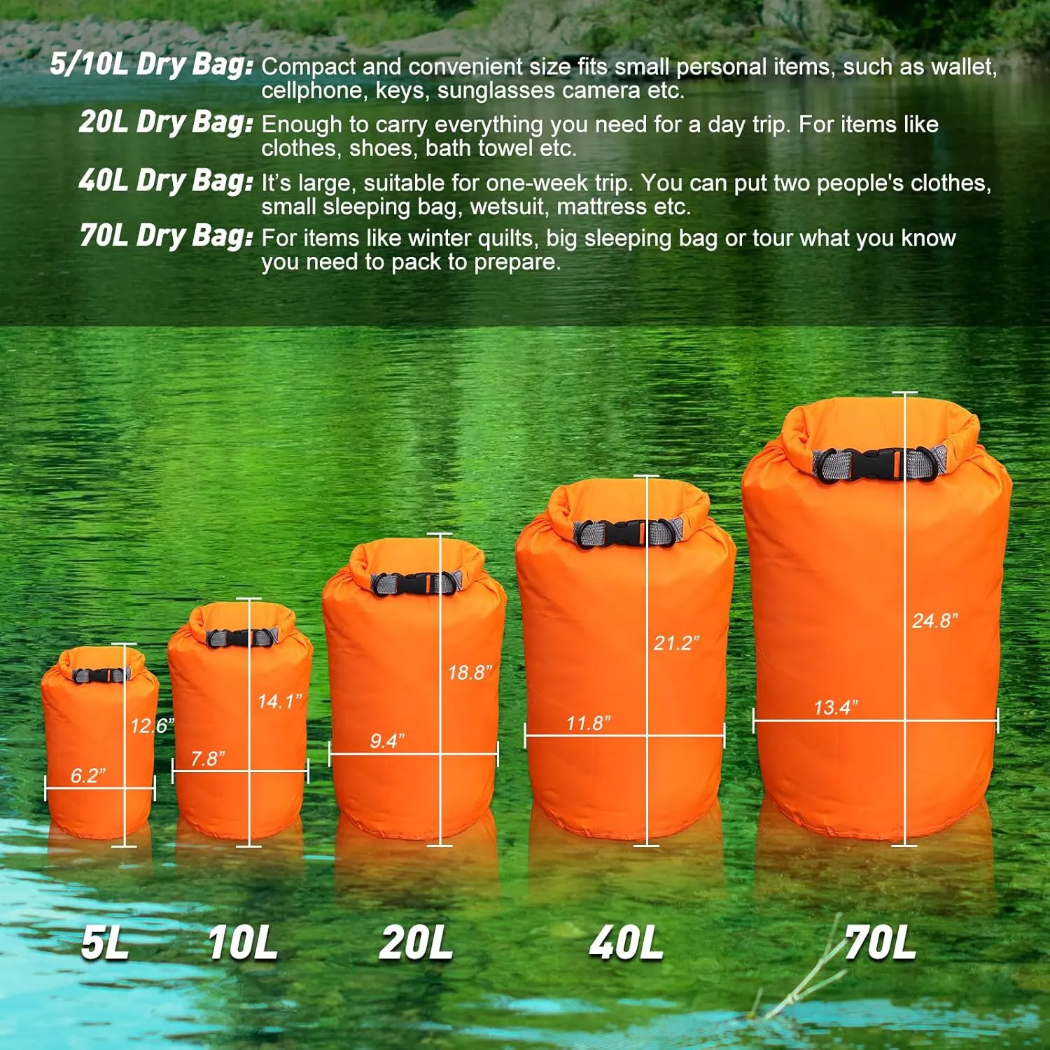 R2Depot Waterproof Dry Bag, 5L/10L/20L/40L/70L Dry Storage Bag for Kayaking, Gym, Hiking, Swimming (Green, 40L)