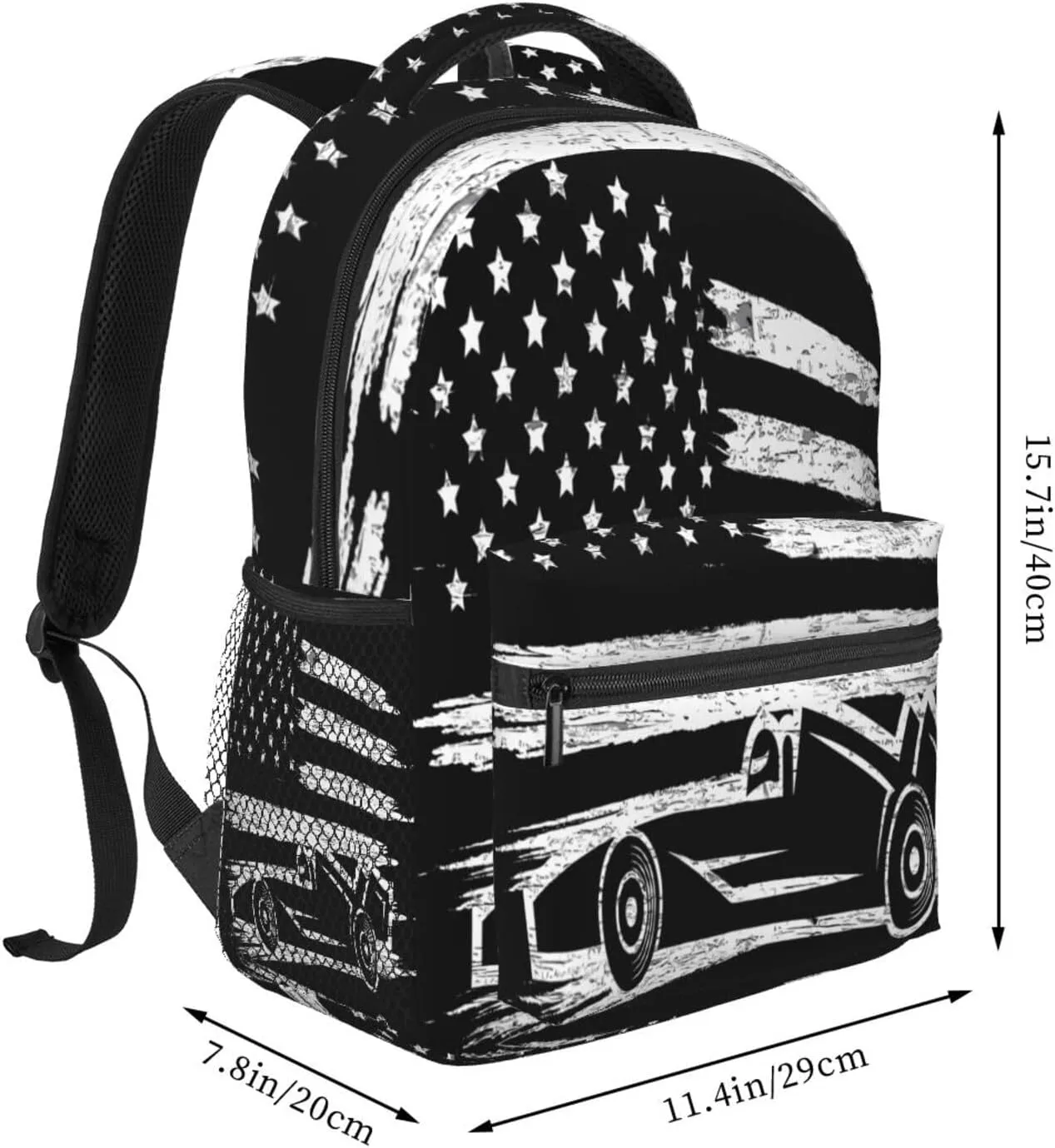 Race Car American Flag Casual Backpacks Sport Backpack Travel Rucksack Canvas Daypack Workout Bags with Pockets for Gym Working Hiking