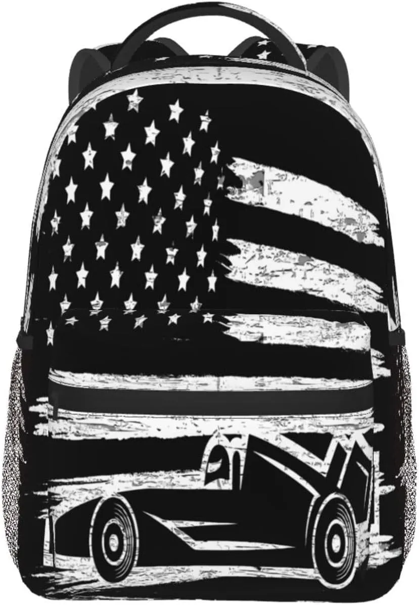 Race Car American Flag Casual Backpacks Sport Backpack Travel Rucksack Canvas Daypack Workout Bags with Pockets for Gym Working Hiking