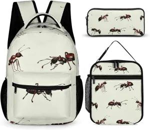 Realistic Ants Large Capacity Backpacks with Lunch Bag Pencil Case Set Resistant Daypack 3 Piece