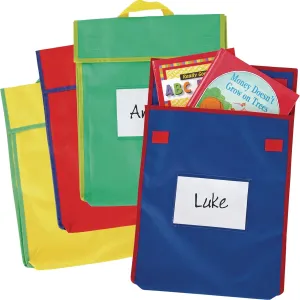 Really Good Stuff-666029 Store More Large Book Pouches – Send Home Books and Homework in Durable Fabric Book Bag – Stitched-On Handle, Clear Name Tag Pocket, Primary Colors, 12”x1”x15” (Set of 4)