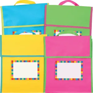 Really Good Stuff Book Pouch - 12 Pack - Water Resistant- Send Home Books and Homework in Durable Fabric Book Bag - Stitched-On Handle, Clear Name Tag Pocket, Medium Neon Colors