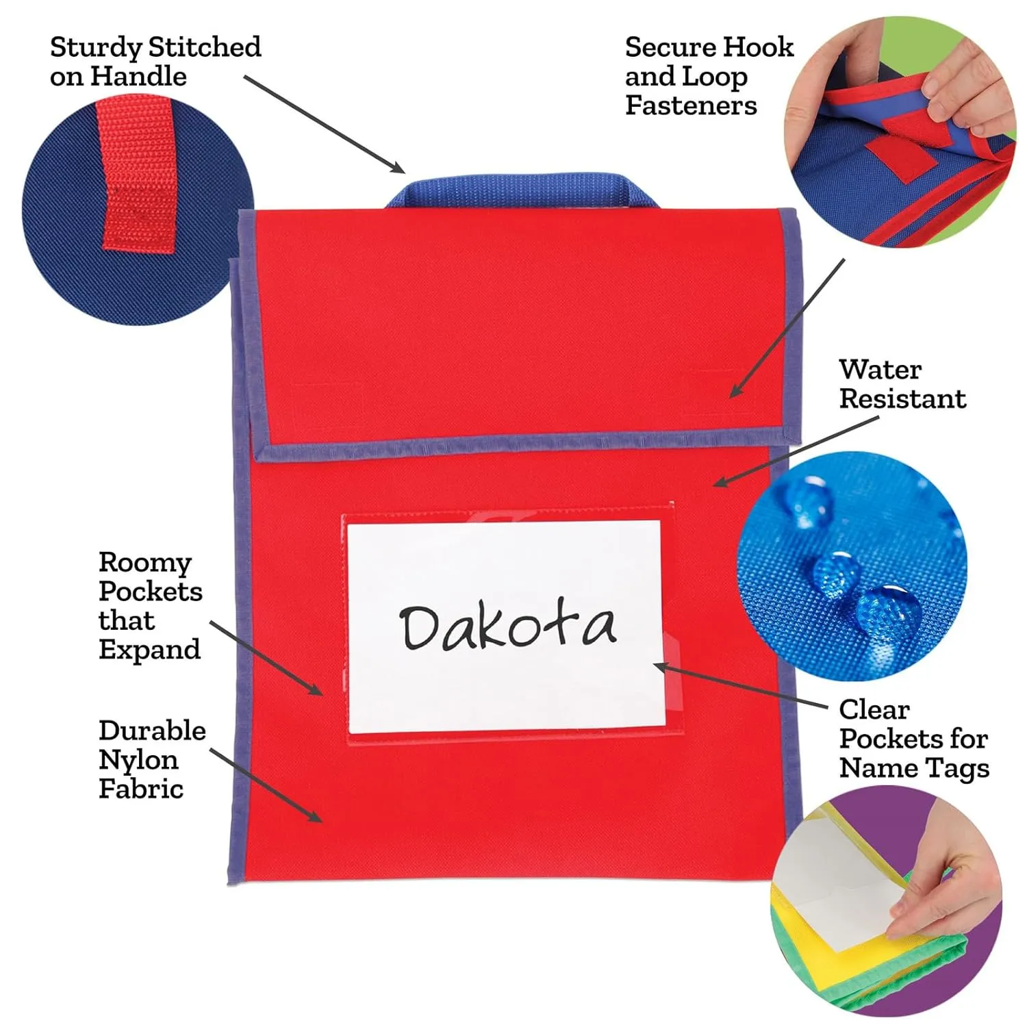 Really Good Stuff Book Pouch - 4 Pack, Water Resistant, Durable Fabric Book Bag with Stitched-On Handle, Clear Name Tag Pocket, Medium Black with Blue Trim