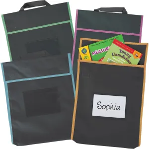 Really Good Stuff Store More Large Book Pouches – Send Home Books and Homework in Durable Fabric Book Bag – Stitched-On Handle, Clear Name Tag Pocket, Black with Neon Color Trims, 12”x1”x15” (4)
