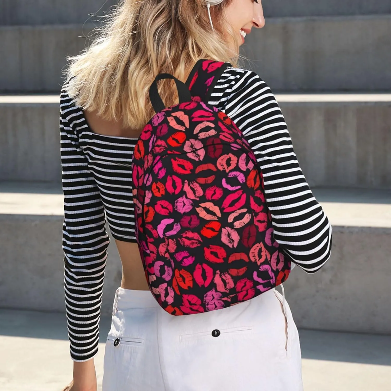 Red Nice Lip Imprint Canvas Backpacks Laptop Backpack Multipurpose Double Shoulder Bag for Men Women Gifts Medium