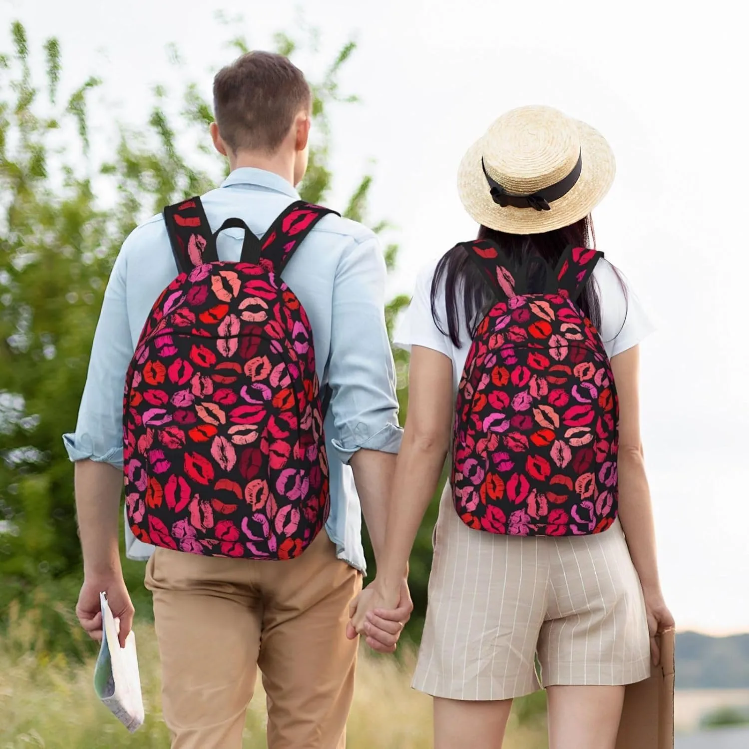 Red Nice Lip Imprint Canvas Backpacks Laptop Backpack Multipurpose Double Shoulder Bag for Men Women Gifts Medium