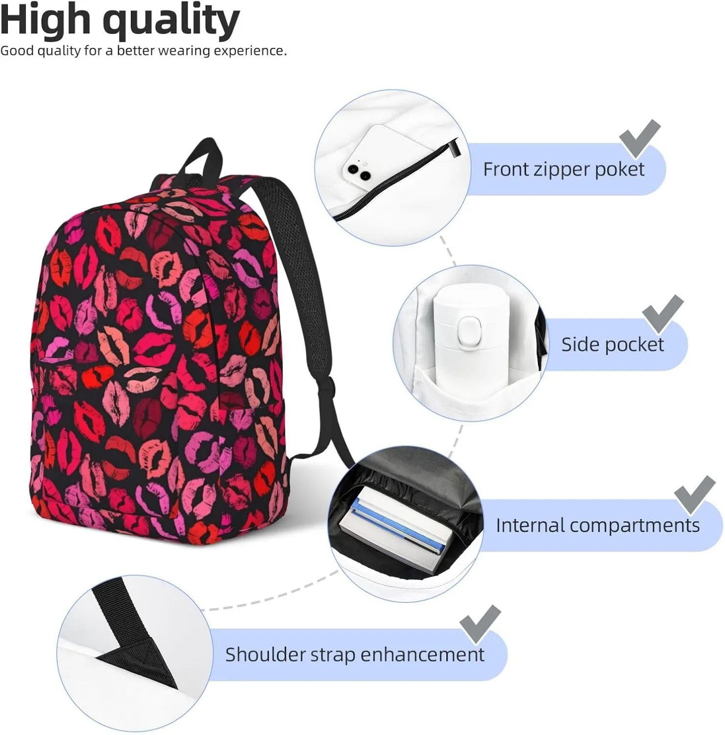 Red Nice Lip Imprint Canvas Backpacks Laptop Backpack Multipurpose Double Shoulder Bag for Men Women Gifts Medium
