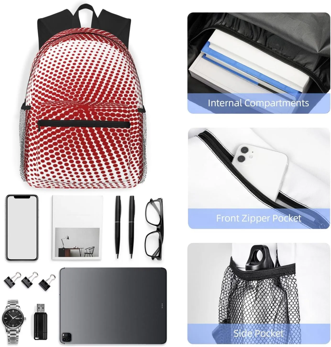 Red White Polka Dot Backpack, Travel Laptop Backpack Computer Bag Rucksack for Men Women Business Work Fits 15.6 Inch Notebook