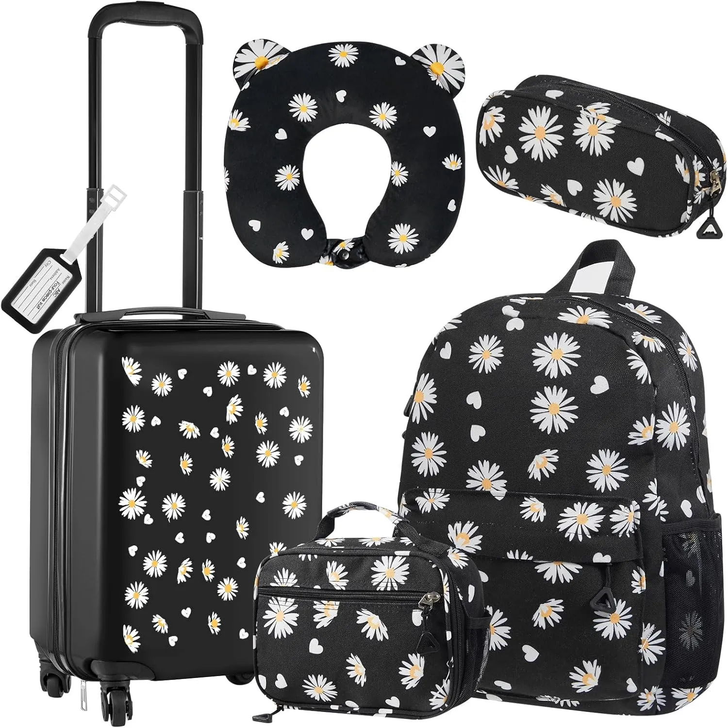 Redbaker 6 Pcs Kids Luggage Set 17 Inch Kids Rolling Luggage Double Pattern Suitcase for Girls Boys Gift(Black,Daisy Style)