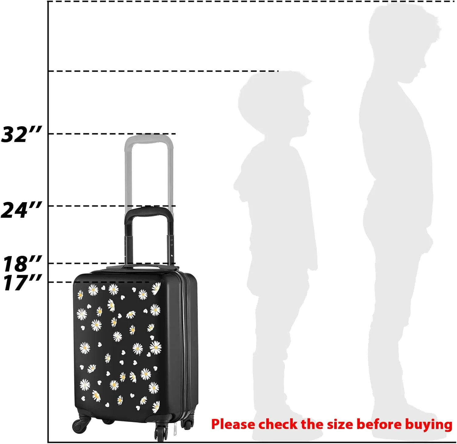 Redbaker 6 Pcs Kids Luggage Set 17 Inch Kids Rolling Luggage Double Pattern Suitcase for Girls Boys Gift(Black,Daisy Style)
