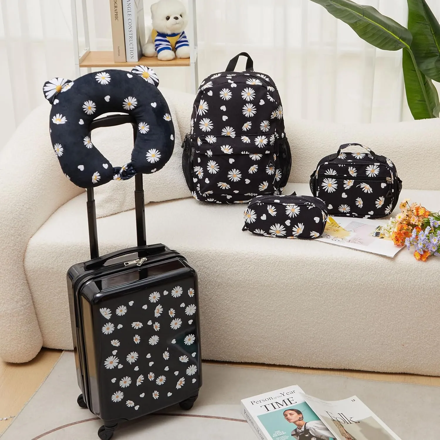 Redbaker 6 Pcs Kids Luggage Set 17 Inch Kids Rolling Luggage Double Pattern Suitcase for Girls Boys Gift(Black,Daisy Style)