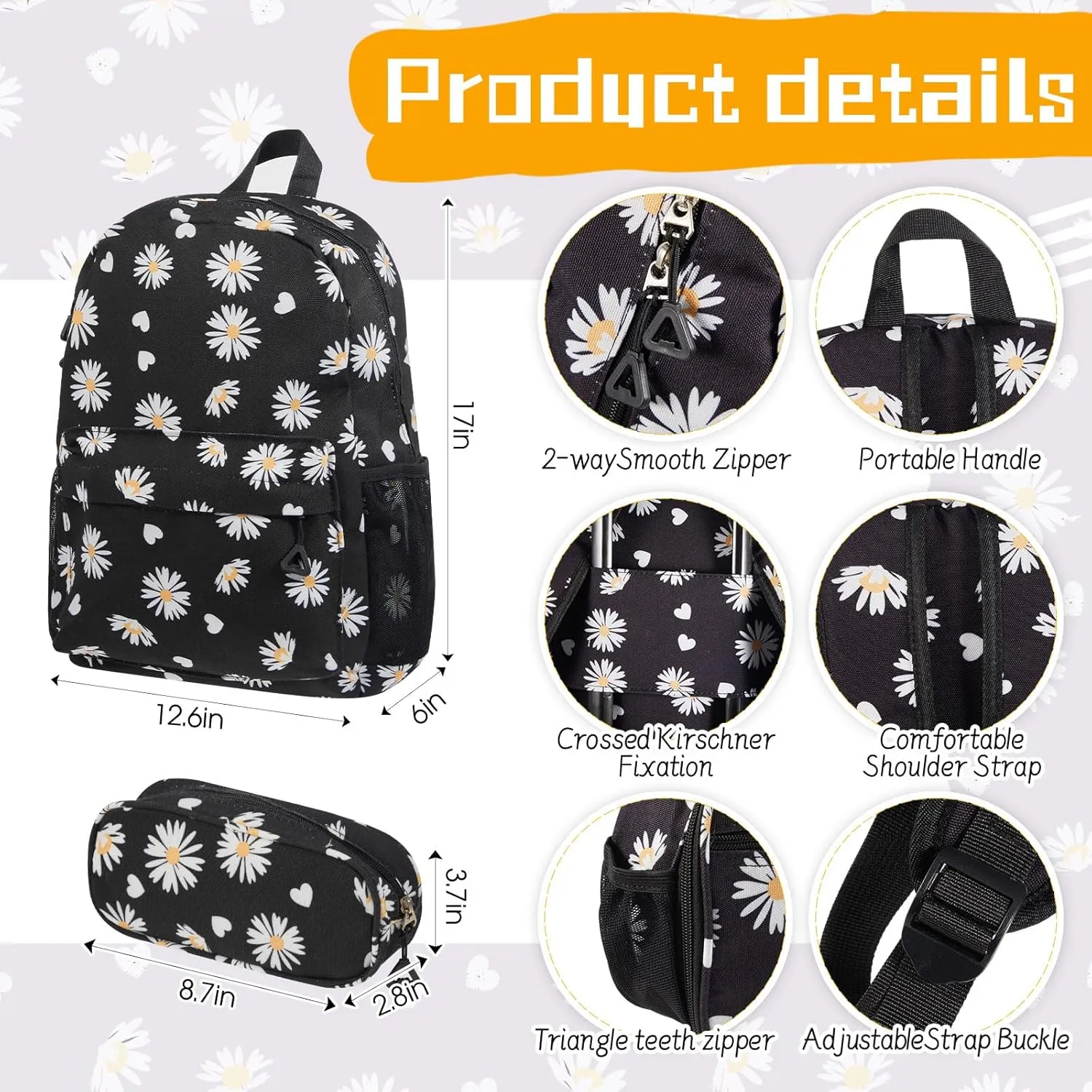 Redbaker 6 Pcs Kids Luggage Set 17 Inch Kids Rolling Luggage Double Pattern Suitcase for Girls Boys Gift(Black,Daisy Style)