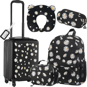 Redbaker 6 Pcs Kids Luggage Set 17 Inch Kids Rolling Luggage Double Pattern Suitcase for Girls Boys Gift(Black,Daisy Style)
