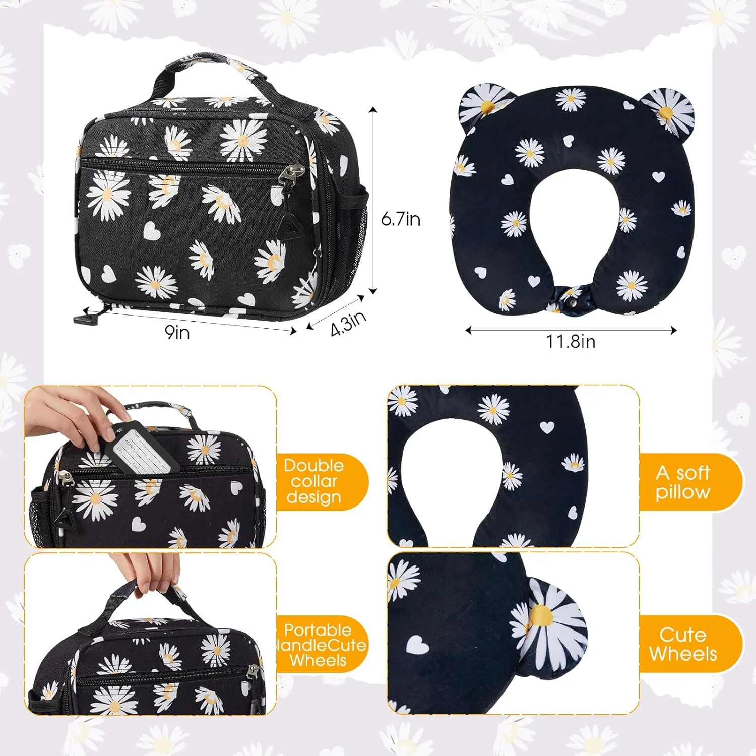 Redbaker 6 Pcs Kids Luggage Set 17 Inch Kids Rolling Luggage Double Pattern Suitcase for Girls Boys Gift(Black,Daisy Style)