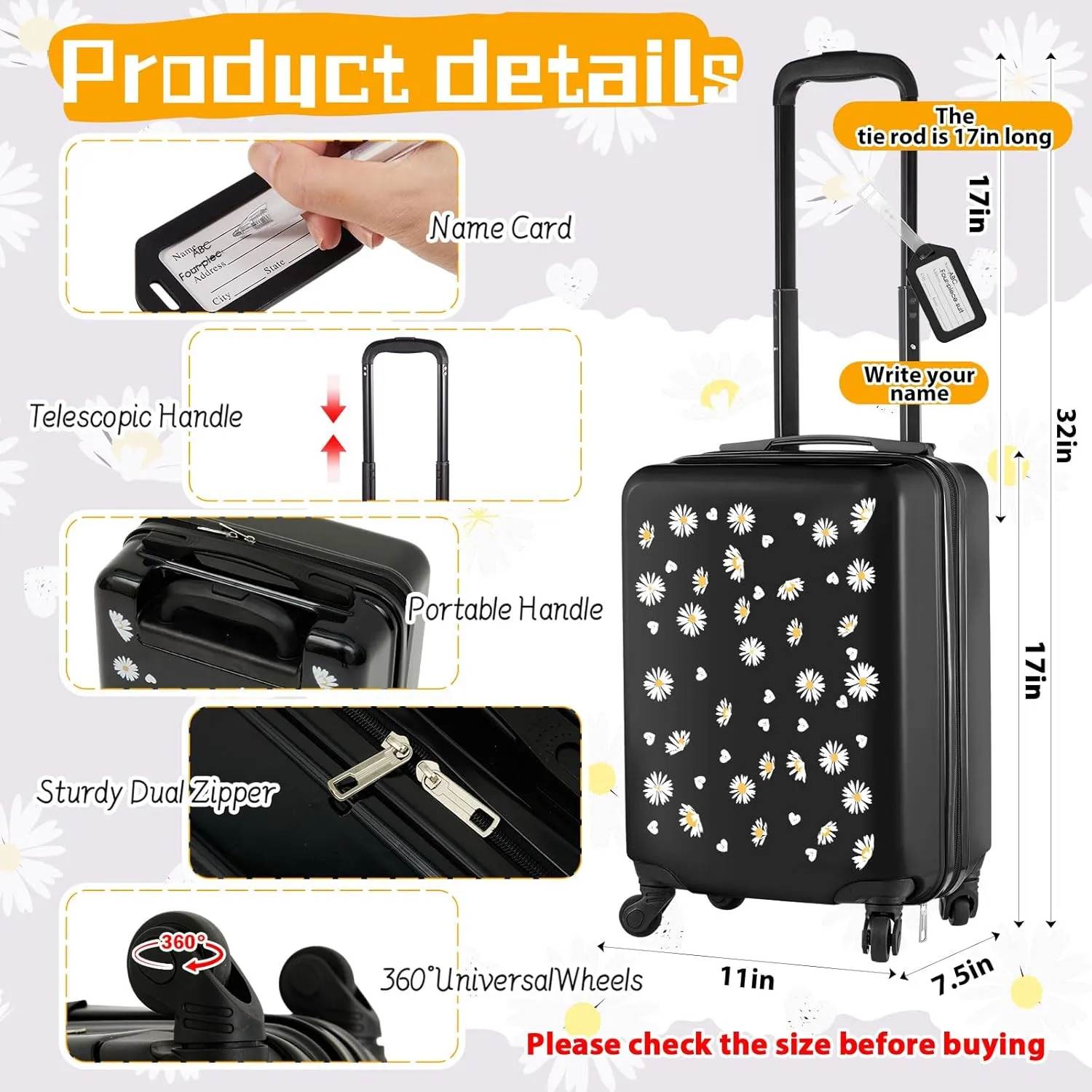 Redbaker 6 Pcs Kids Luggage Set 17 Inch Kids Rolling Luggage Double Pattern Suitcase for Girls Boys Gift(Black,Daisy Style)