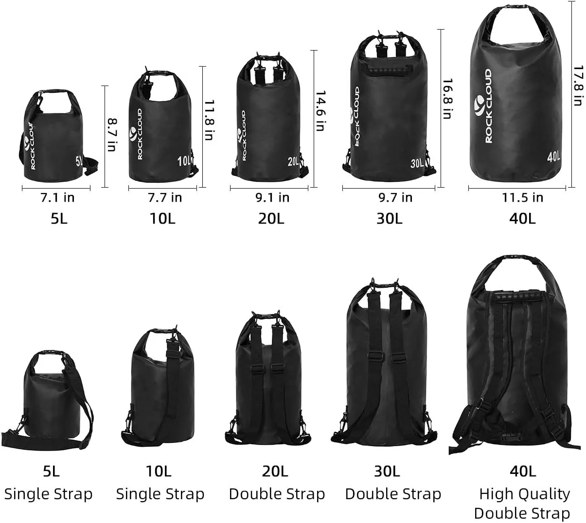 ROCK CLOUD Dry Bag Waterproof 10L Dry Sack for Kayaking Rafting Boating Beach Surfing Swimming Canoe Camping Hiking Fishing Ski, Black