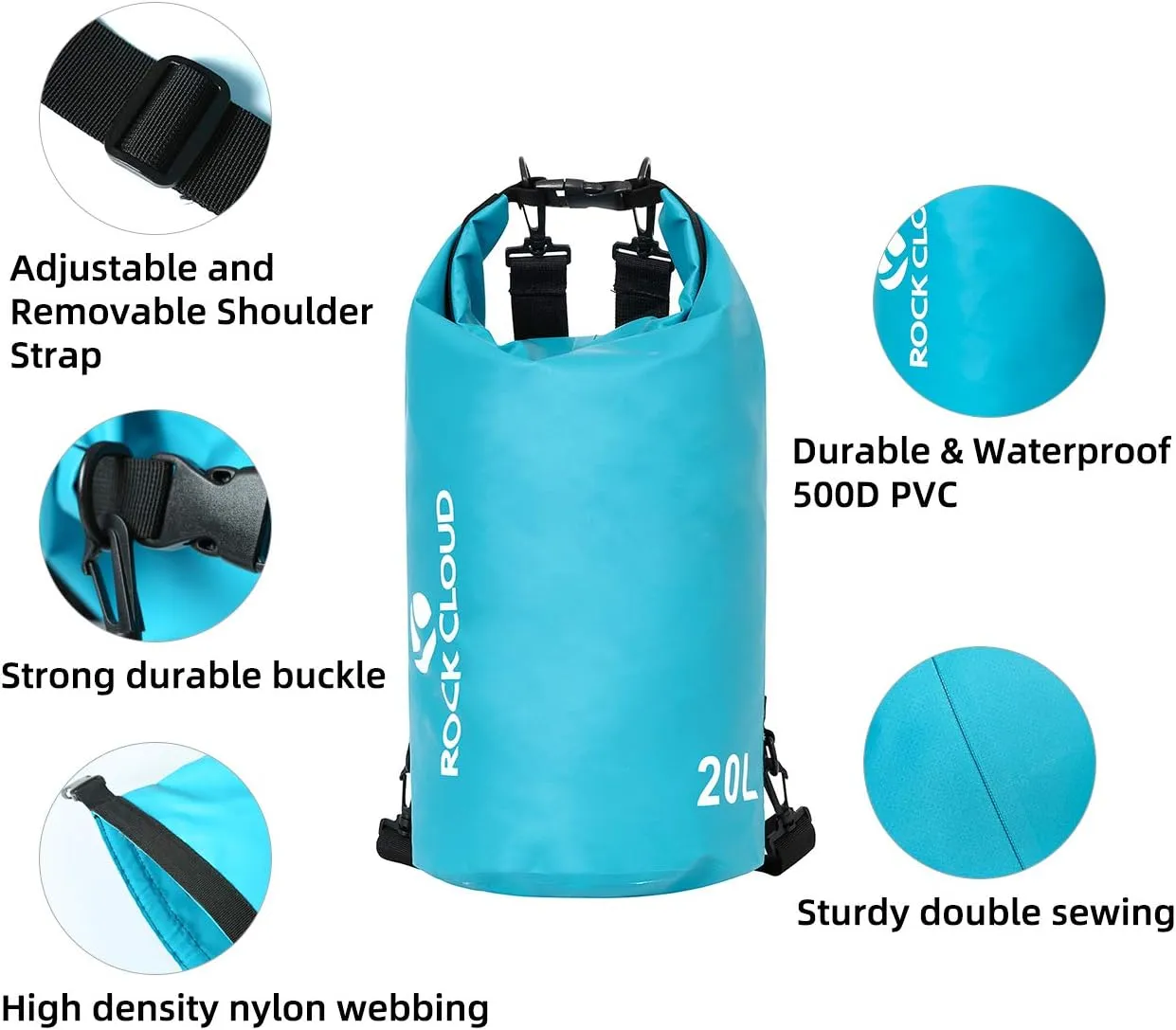 ROCK CLOUD Dry Bag Waterproof 5L Dry Sack for Kayaking Rafting Boating Beach Surfing Swimming Canoe Camping Hiking Fishing Ski, Lake Blue