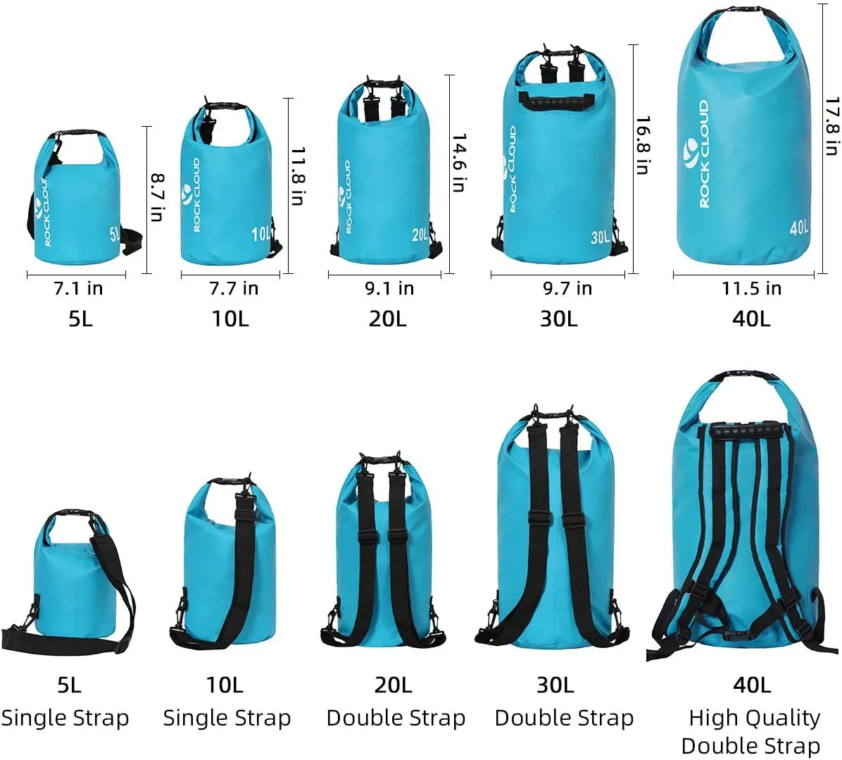 ROCK CLOUD Dry Bag Waterproof 5L Dry Sack for Kayaking Rafting Boating Beach Surfing Swimming Canoe Camping Hiking Fishing Ski, Lake Blue