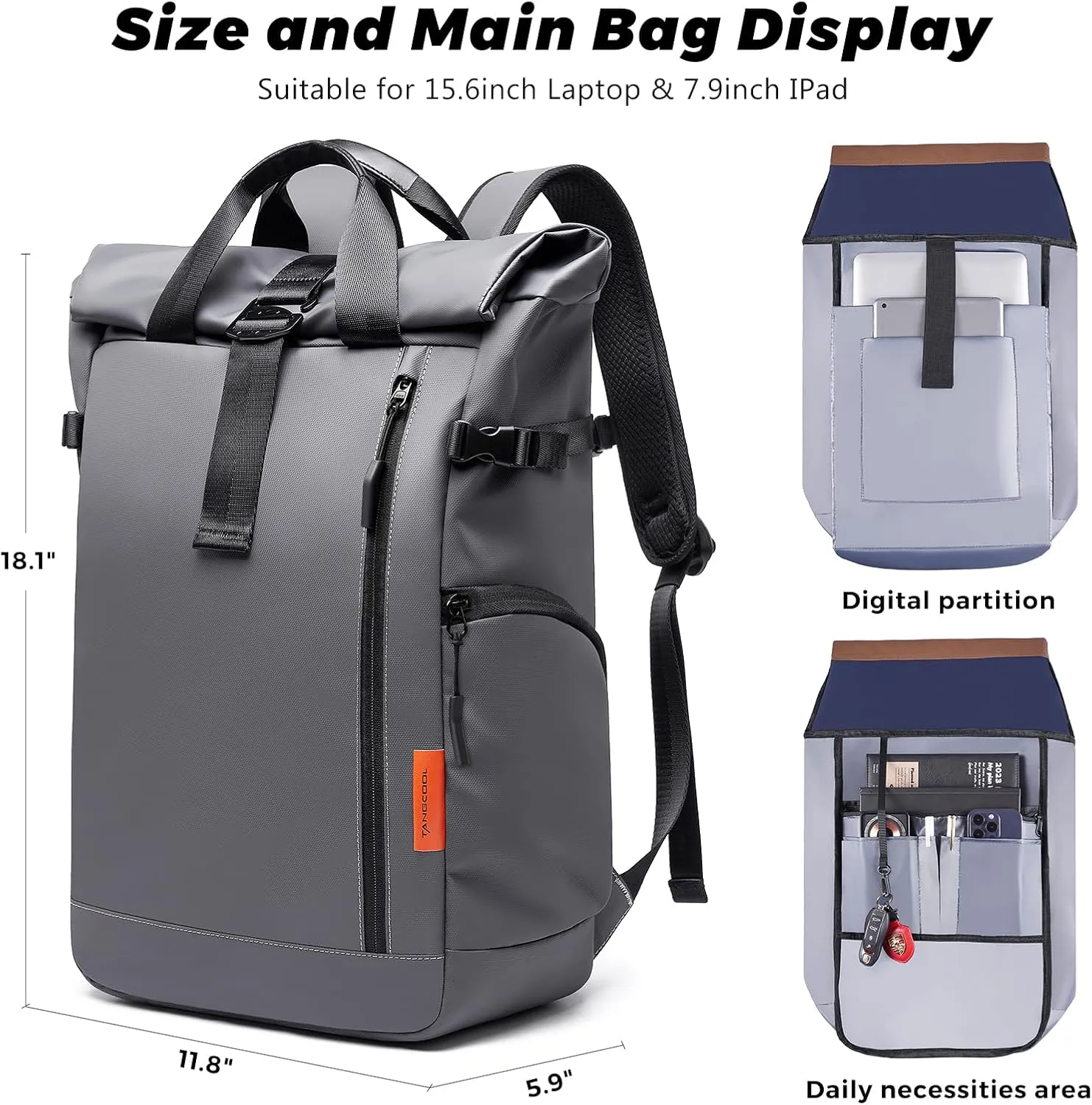 Roll Top Travel Backpack for Men and Women 15.6 Inch 20-25L Expandable Water-Resistant Commuter Casual Daypack Laptop Backpack for Work Business College