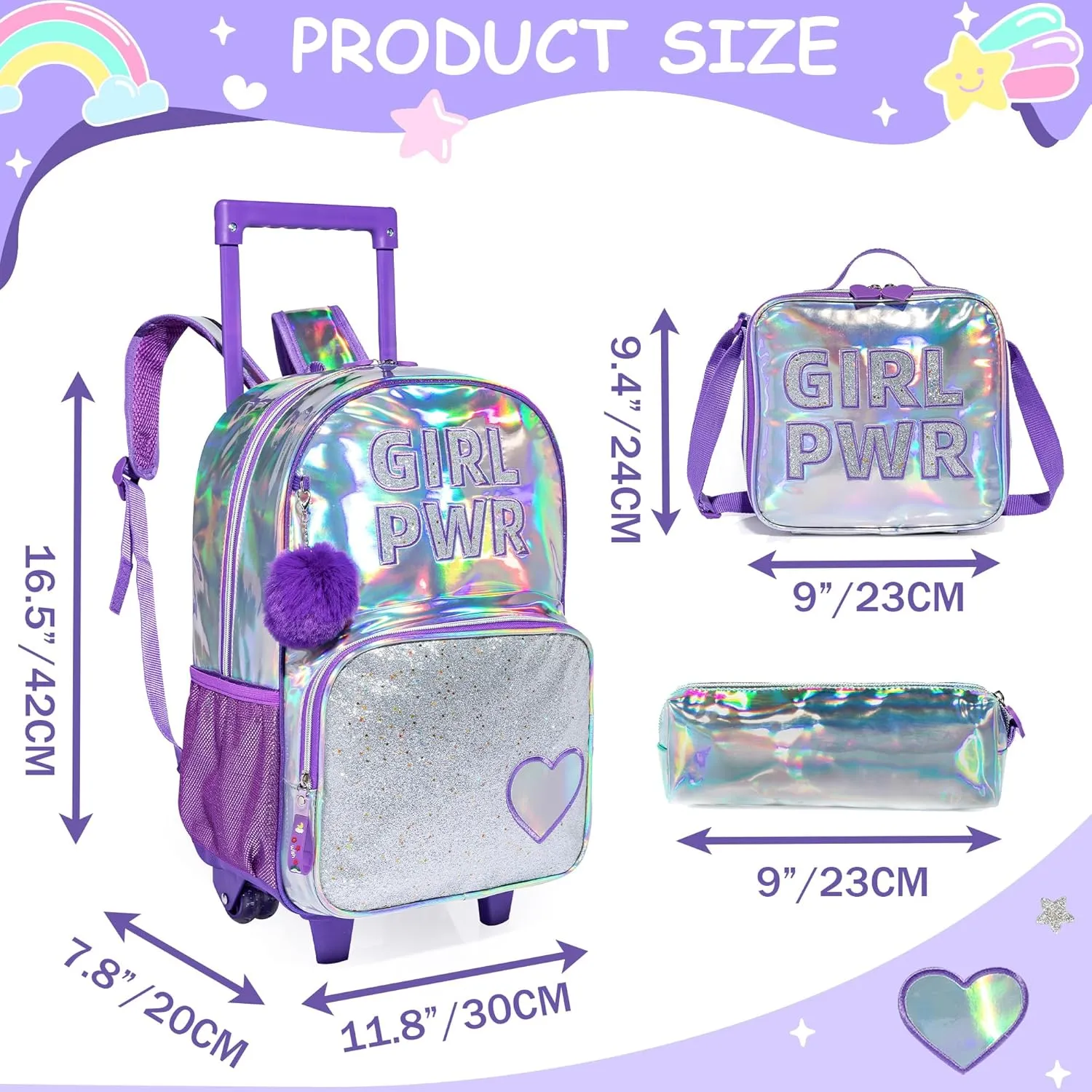 Rolling Backpack for Girls with Wheels Backpack for School Elementary Student Backpacks for Girls with Lunch Box Pencil Case