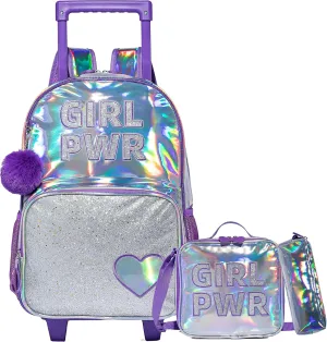 Rolling Backpack for Girls with Wheels Backpack for School Elementary Student Backpacks for Girls with Lunch Box Pencil Case