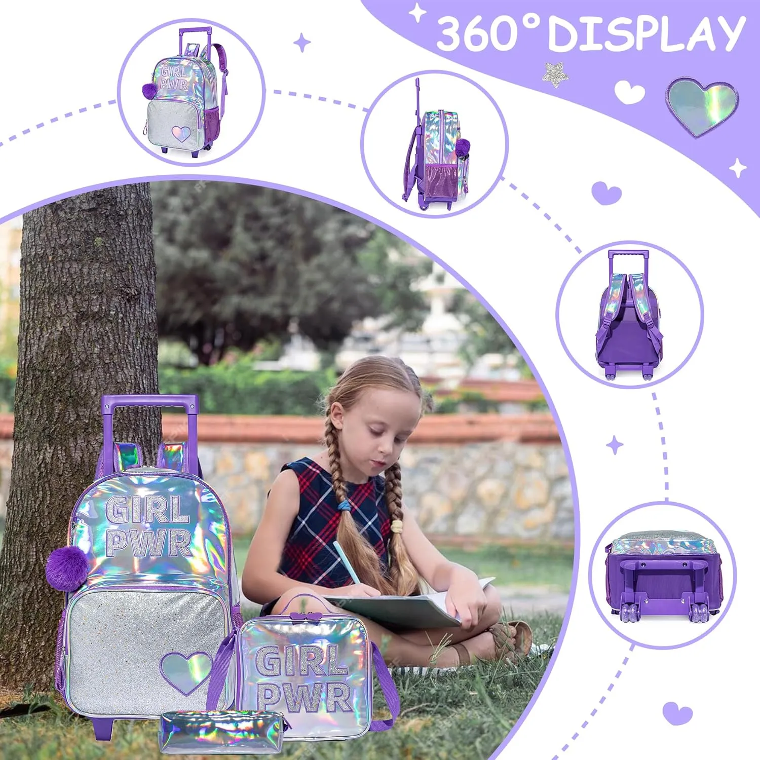 Rolling Backpack for Girls with Wheels Backpack for School Elementary Student Backpacks for Girls with Lunch Box Pencil Case