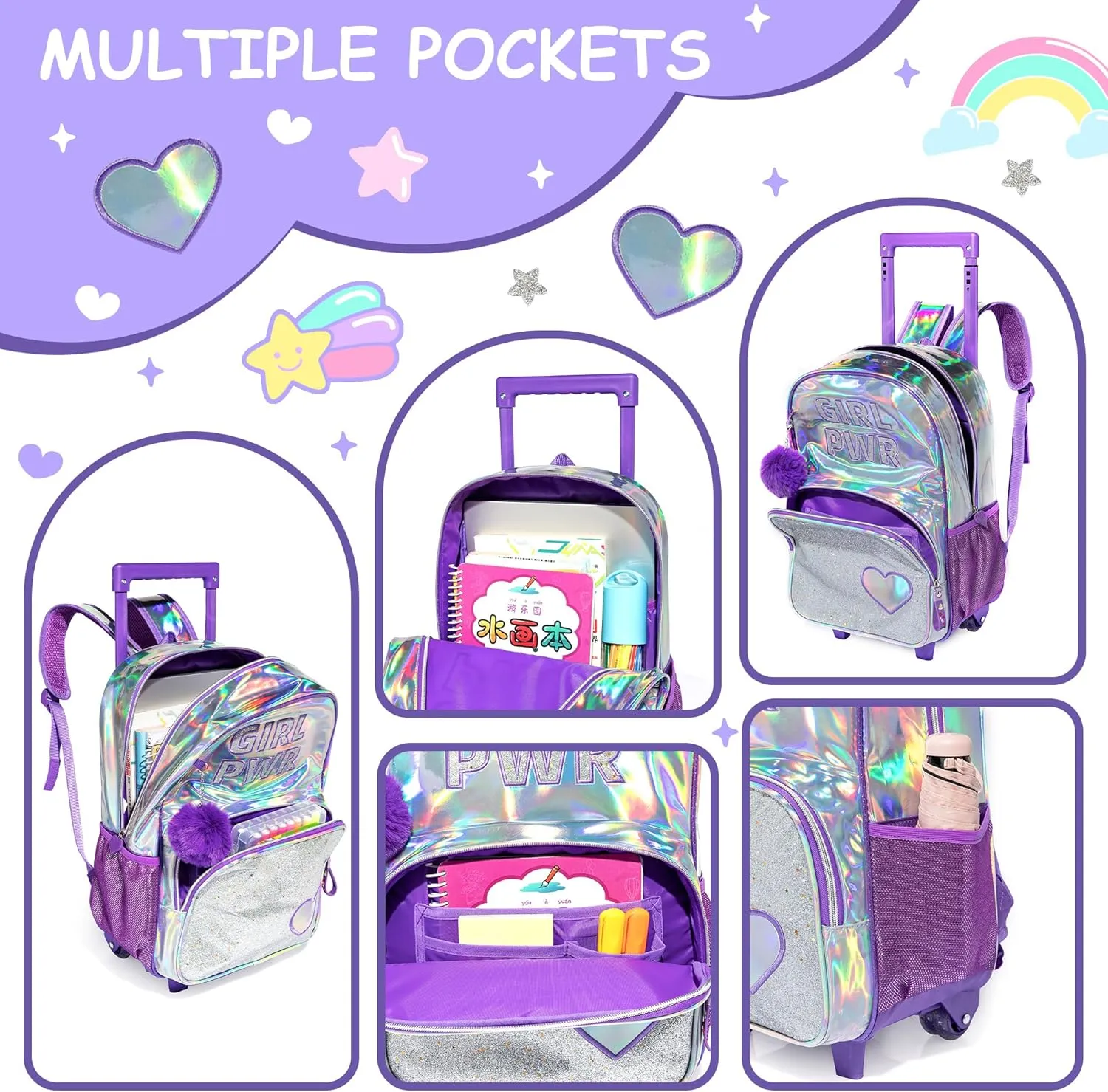 Rolling Backpack for Girls with Wheels Backpack for School Elementary Student Backpacks for Girls with Lunch Box Pencil Case