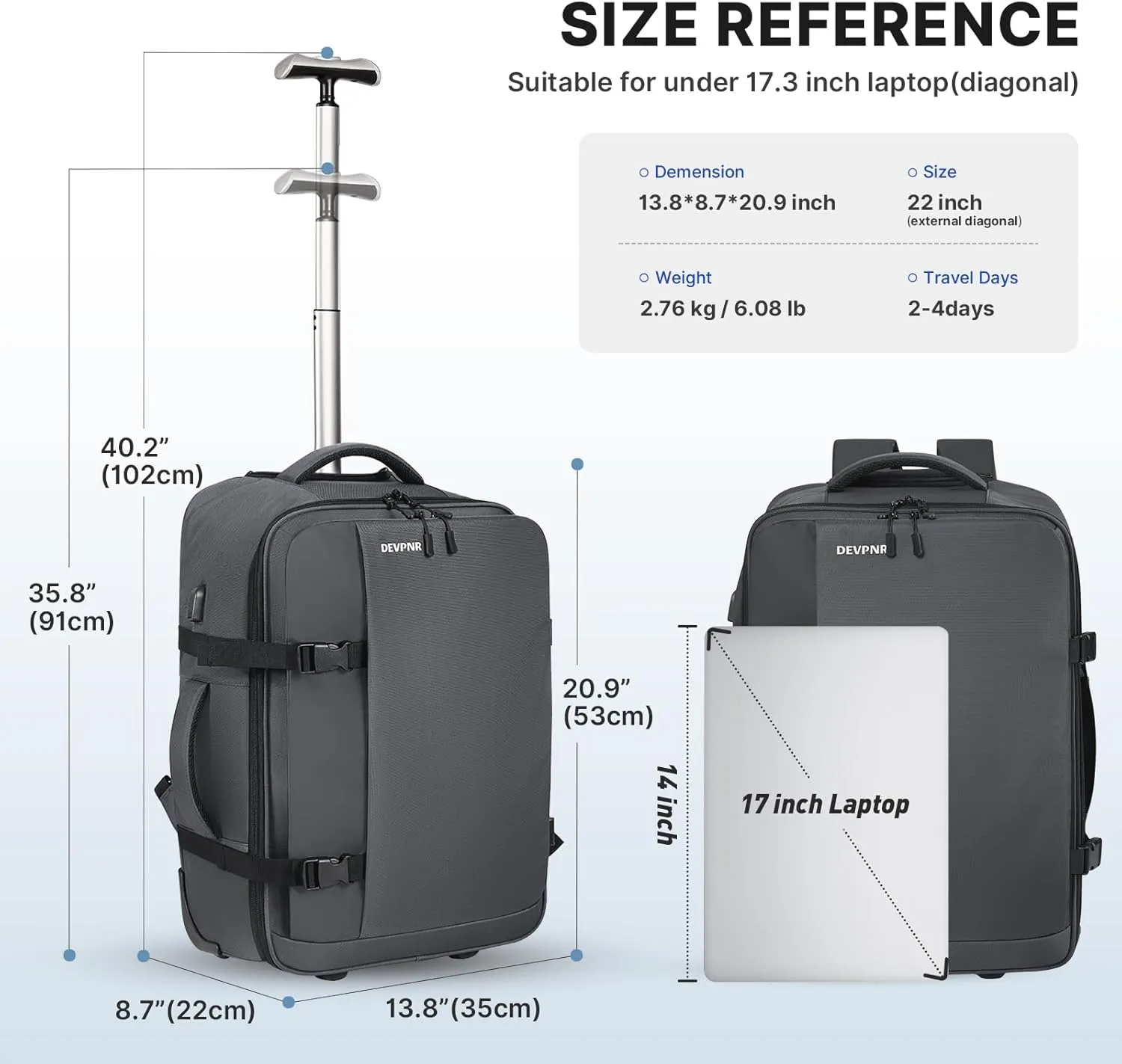 Rolling Backpack for Women Men, Carry on Luggage Travel Backpack with Wheels for Adults, 40L Airline Rolling Laptop Bag, 17 Inch Laptop Trolley Backpack for Overnight Travel Business (Gray)