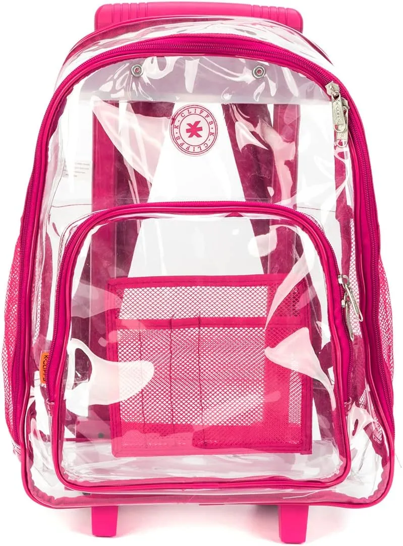 Rolling Clear Backpack Heavy Duty Bookbag Quality See Through Workbag Travel Daypack Transparent School Book Bags with Wheels Hot Pink