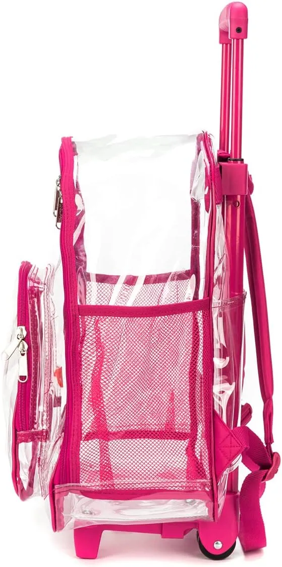 Rolling Clear Backpack Heavy Duty Bookbag Quality See Through Workbag Travel Daypack Transparent School Book Bags with Wheels Hot Pink