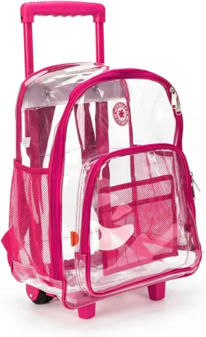 Rolling Clear Backpack Heavy Duty Bookbag Quality See Through Workbag Travel Daypack Transparent School Book Bags with Wheels Hot Pink
