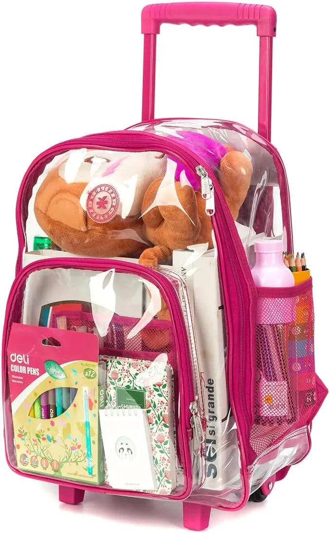 Rolling Clear Backpack Heavy Duty Bookbag Quality See Through Workbag Travel Daypack Transparent School Book Bags with Wheels Hot Pink