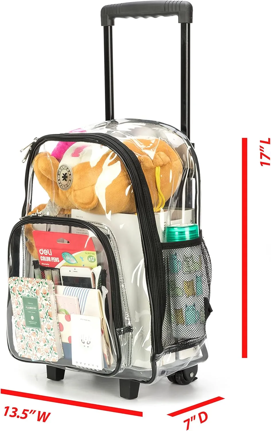 Rolling Clear Backpack Heavy Duty Bookbag Quality See Through Workbag Travel Daypack Transparent School Book Bags with Wheels Red