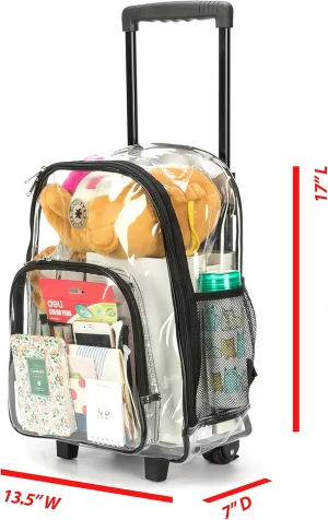 Rolling Clear Backpack Heavy Duty Bookbag Quality See Through Workbag Travel Daypack Transparent School Book Bags with Wheels Red