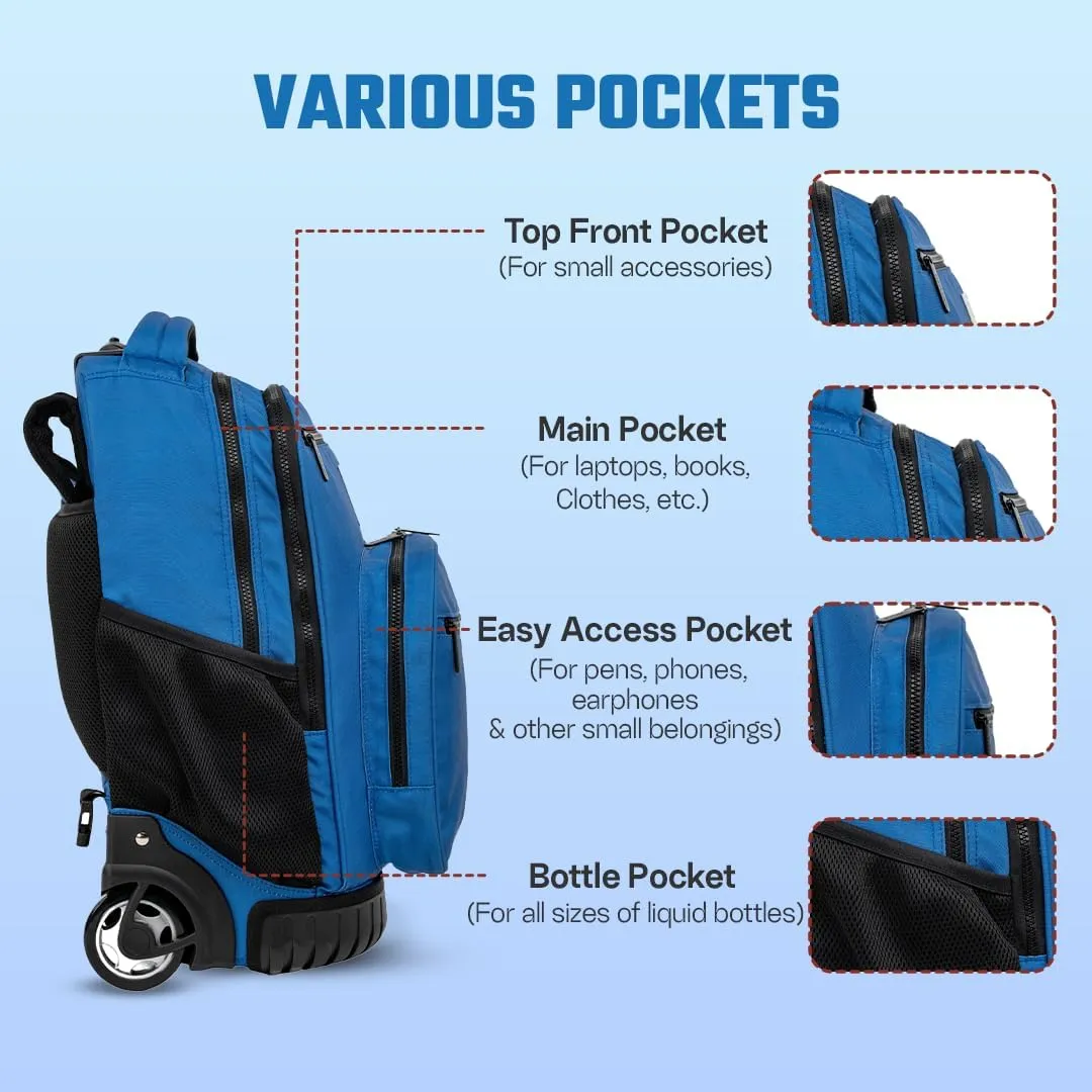Rolling Trolley Backpacks | 38 L | Laptop Backpack | Multi-Pockets Convertible Aluminum Rod Luggage Bag for Office Travel (Blue)