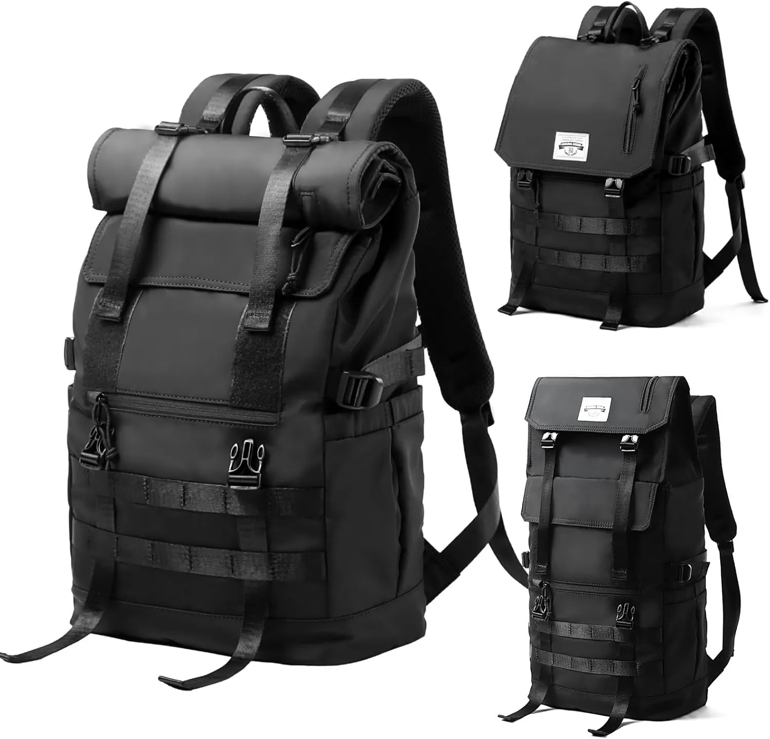 Rolltop Backpack for Men Flap Rucksack Expandable Fits 17 inch Laptop Roll Top Backpack for Commute Travel Hiking Urban Black (3 in 1)