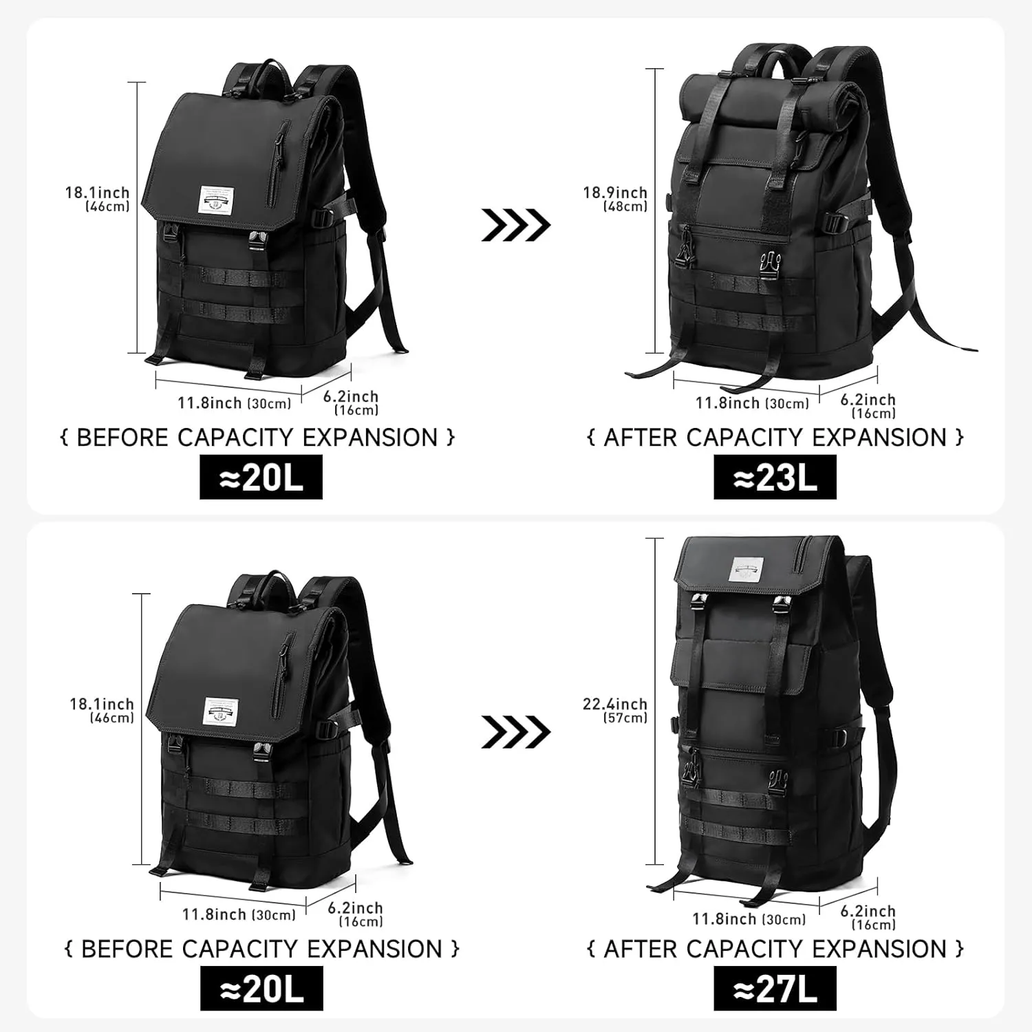 Rolltop Backpack for Men Flap Rucksack Expandable Fits 17 inch Laptop Roll Top Backpack for Commute Travel Hiking Urban Black (3 in 1)