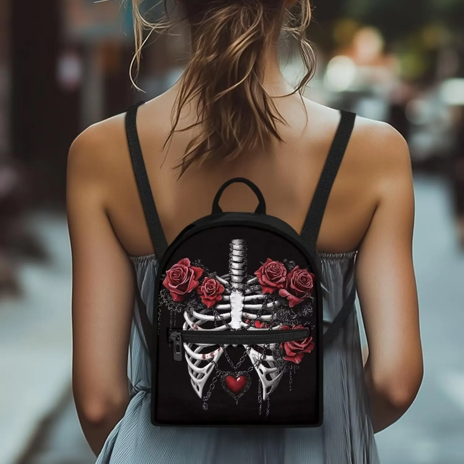 Rose Skeleton Mini Backpack Purse for Women Small Back Front Pocket Lightweight Canvas Casual Bag for Travel Office